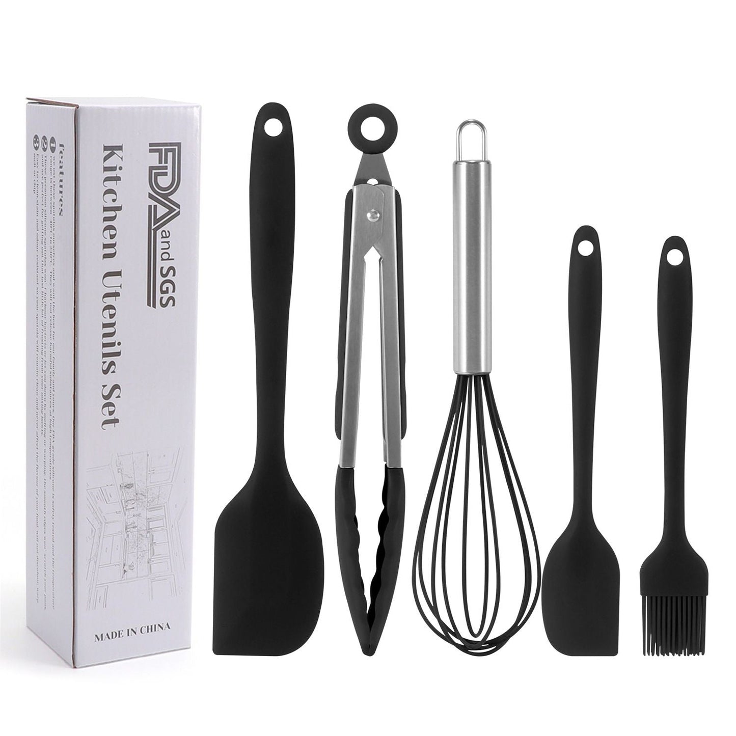 Silicone Cook Utensils; 5 Piece Kitchen Cooking Set; Includes Large Spatula; Small Spatula; Grease Brush; Food Clamp; Whisk