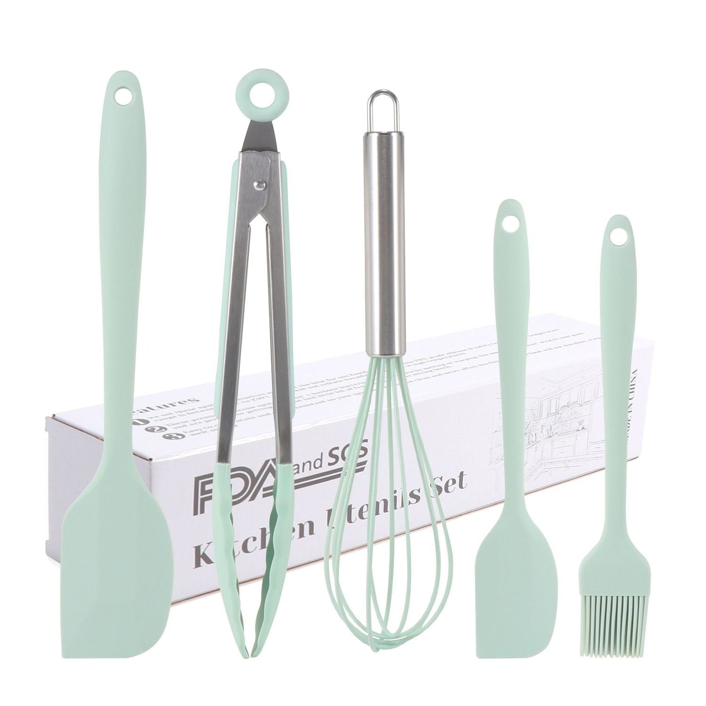 Silicone Cook Utensils; 5 Piece Kitchen Cooking Set; Includes Large Spatula; Small Spatula; Grease Brush; Food Clamp; Whisk