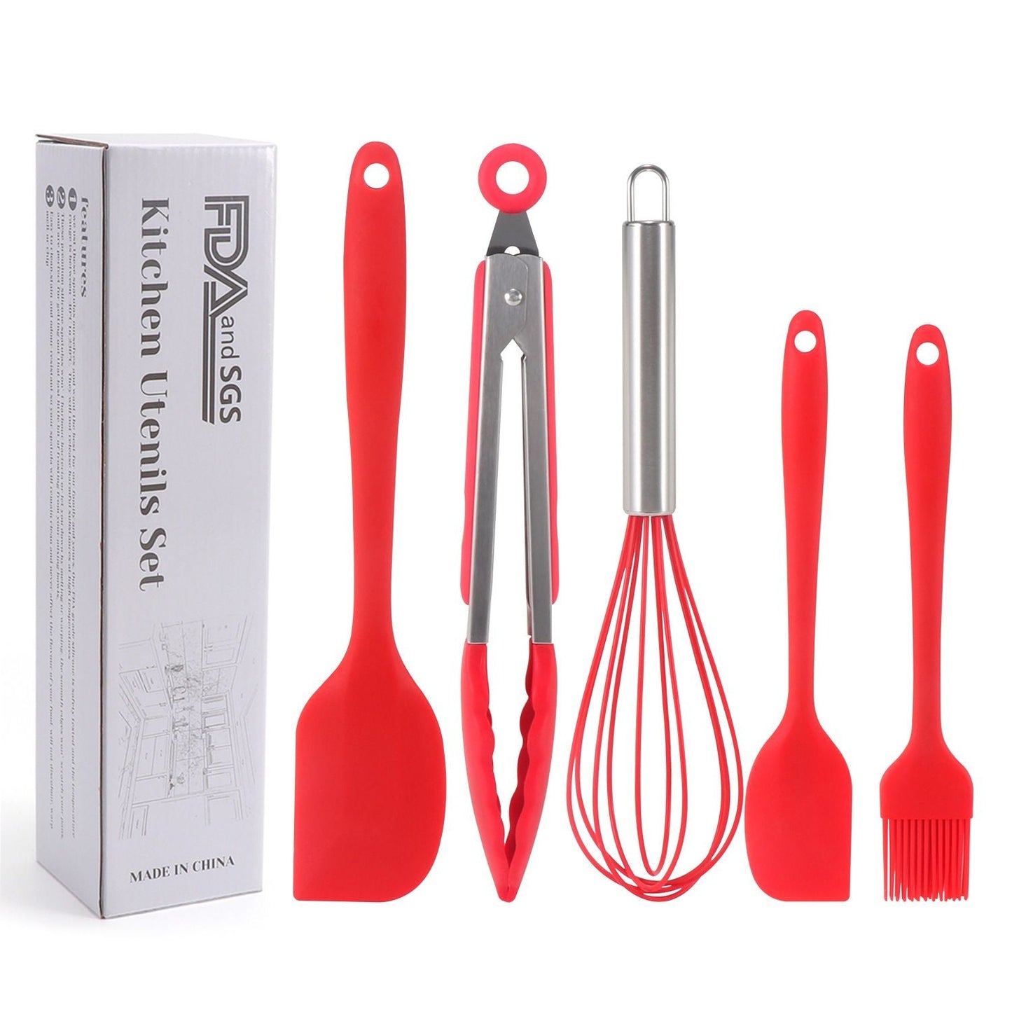 Silicone Cook Utensils; 5 Piece Kitchen Cooking Set; Includes Large Spatula; Small Spatula; Grease Brush; Food Clamp; Whisk