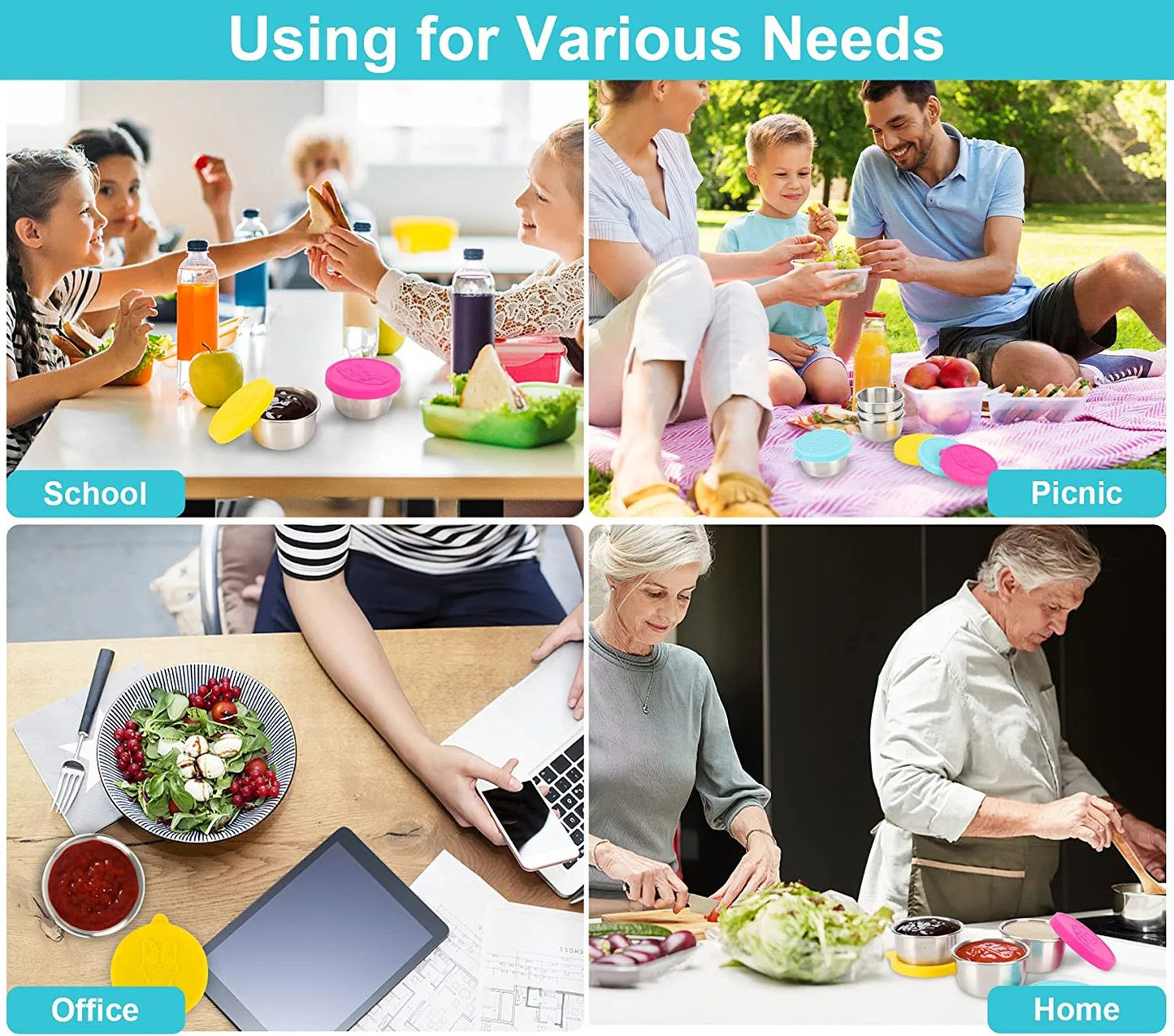 Salad Dressing Containers To Go; 6x1.5 oz Stainless Steel Food Containers with Lids; Small Silicone Dipping Sauce Cups Toddler Snack Containers Leakproof for Kids Lunch Bento Box; Picnic and Travel