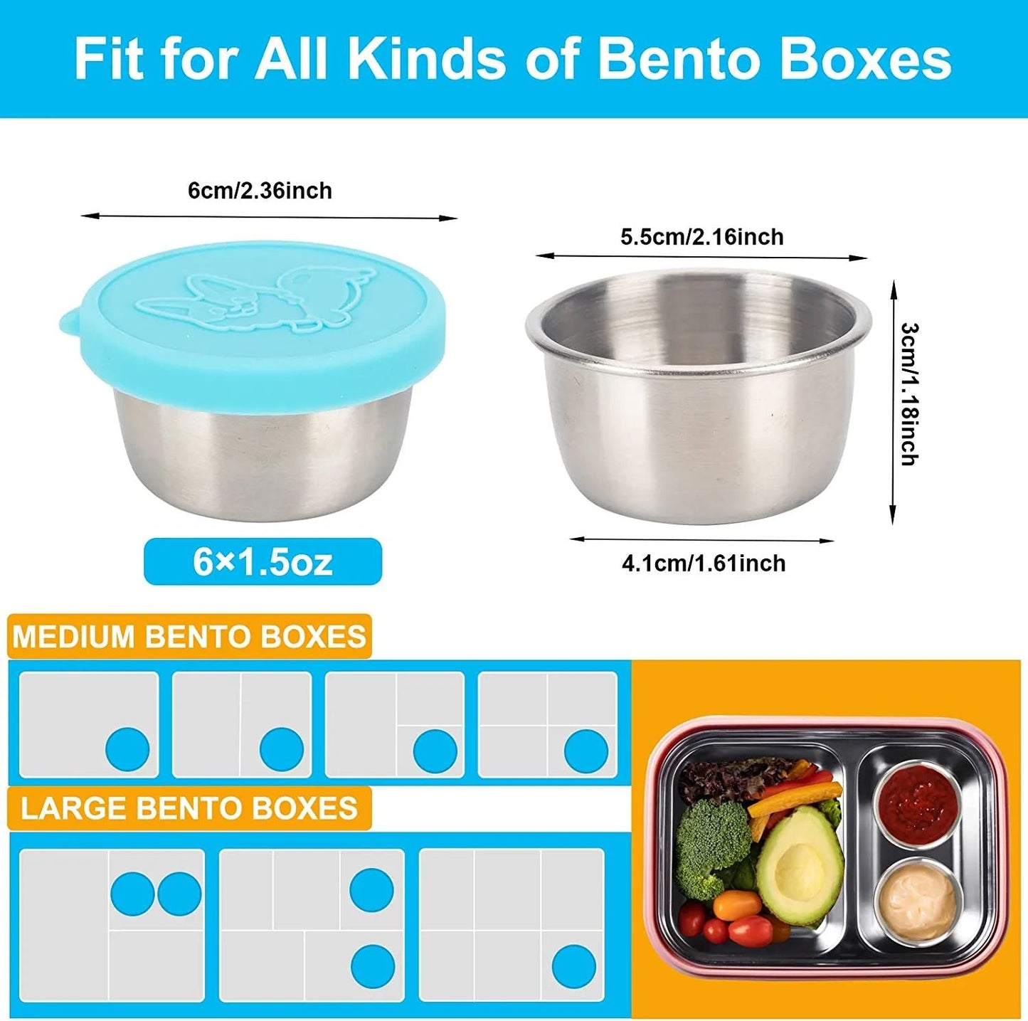 Salad Dressing Containers To Go; 6x1.5 oz Stainless Steel Food Containers with Lids; Small Silicone Dipping Sauce Cups Toddler Snack Containers Leakproof for Kids Lunch Bento Box; Picnic and Travel