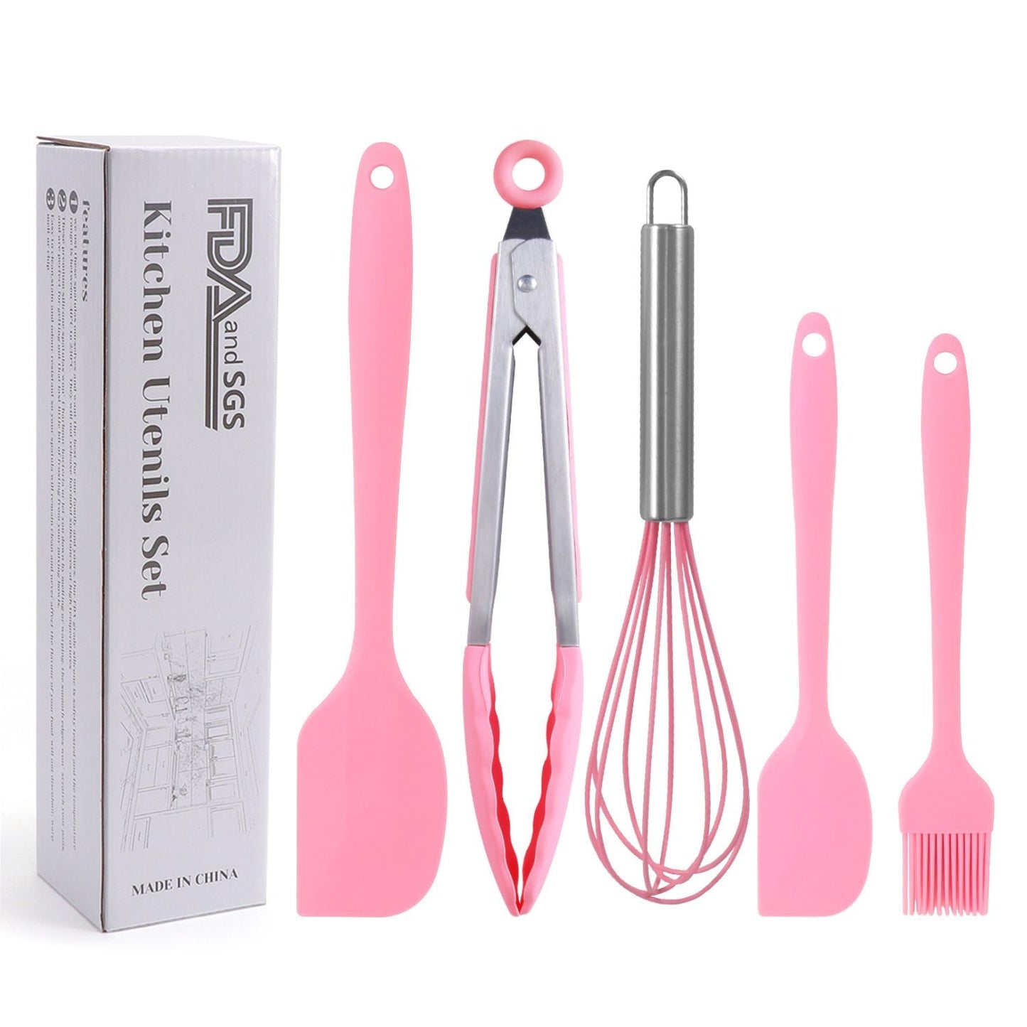 Silicone Cook Utensils;  5 Piece Kitchen Cooking Set;  Includes Large Spatula;  Small Spatula;  Grease Brush;  Food Clamp;  Whisk